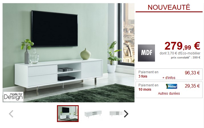 Meuble TV CARLUTA 1 porte 2 tiroirs MDF blanc pieds métal  - Vente Unique