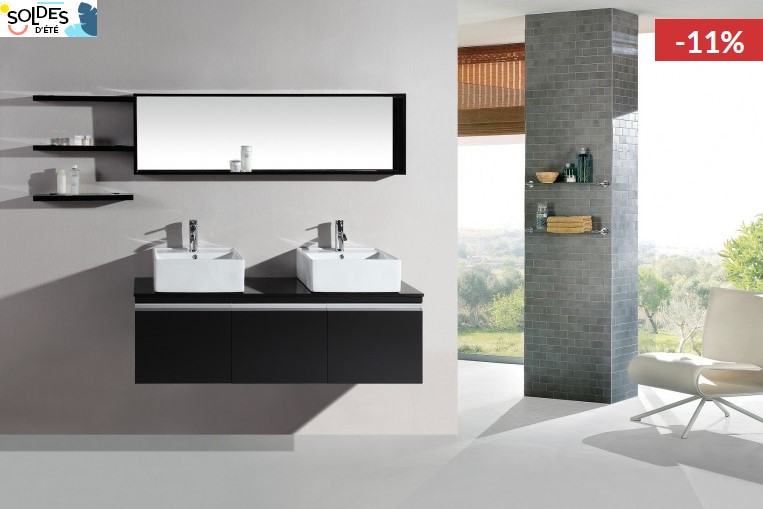 Meuble de salle de bains NEREE Wenge avec double vasque - Soldes Meubles de salle de bain Concept Usine