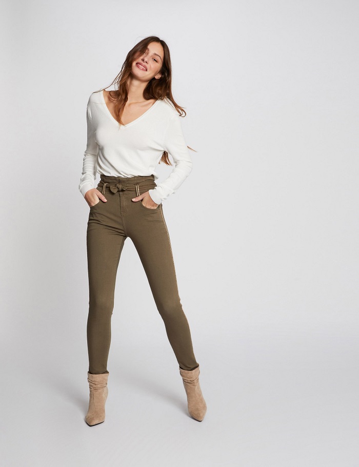 Pantalon skinny ceinturé avec bandes kaki Morgan