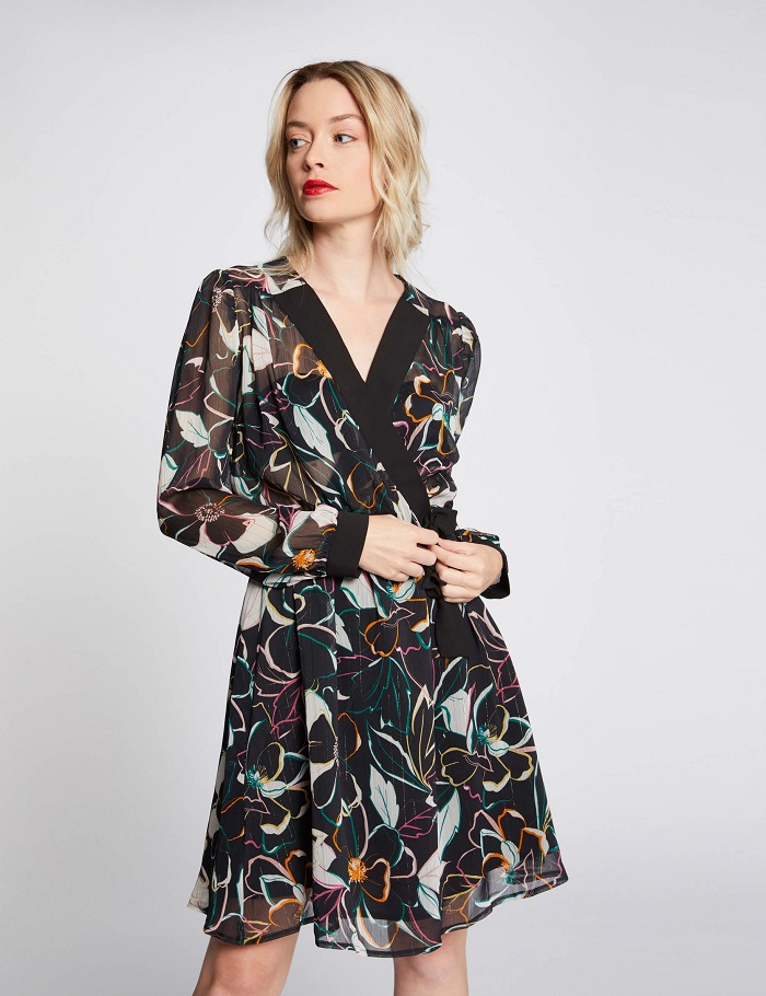 Robe évasée ceinturée imprimé floral noir Morgan