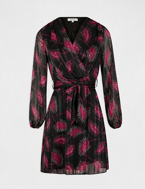 Robe évasée ceinturée imprimé végétal noir Morgan - Robe Morgan