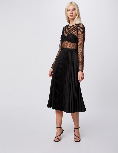 Robe midi évasée plissée à dentelle noir Morgan - Robe Morgan