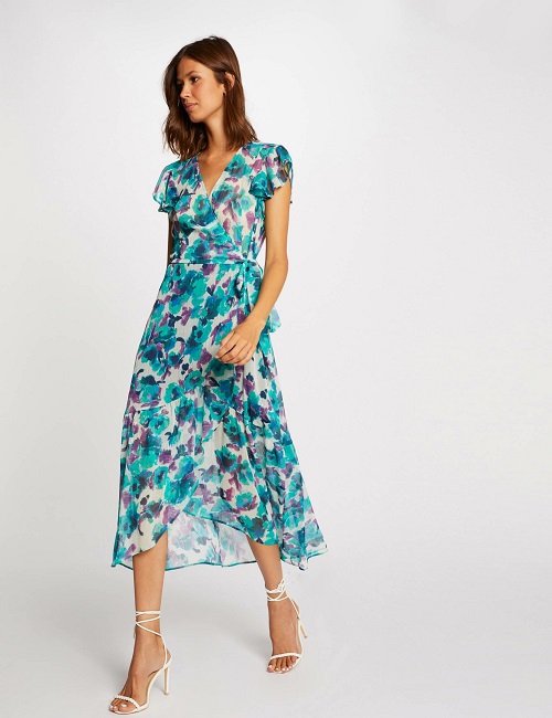 Robe midi portefeuille Morgan imprimé floral bleu - Robe Femme Morgan