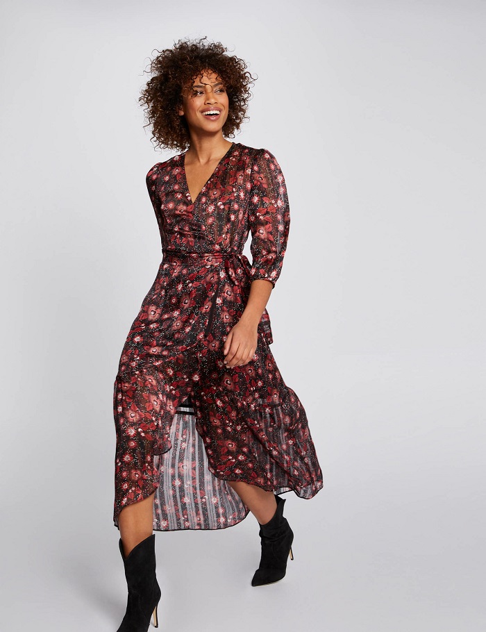 Robe midi portefeuille imprimé floral rouge Morgan - Robe Morgan