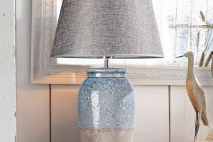 Lampe à poser MANLY Pied Céramique et Abat-jour 100% lin gris - Lampe à Poser Loberon