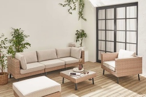 Salon de jardin ALBA 5 places en résine tressée plate beige - Salon de Jardin Maisons du Monde