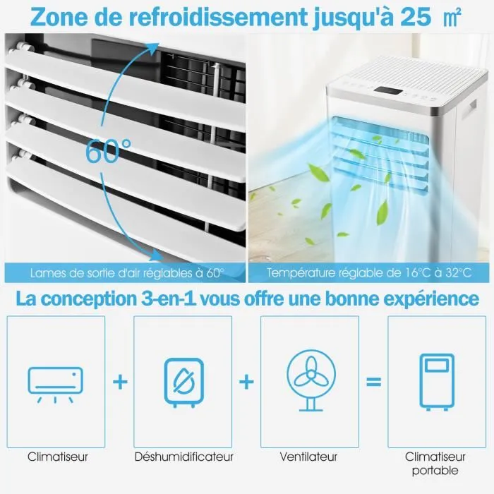 GOPLUS 3 en 1 Climatiseur Mobile 7000 BTU 15m²