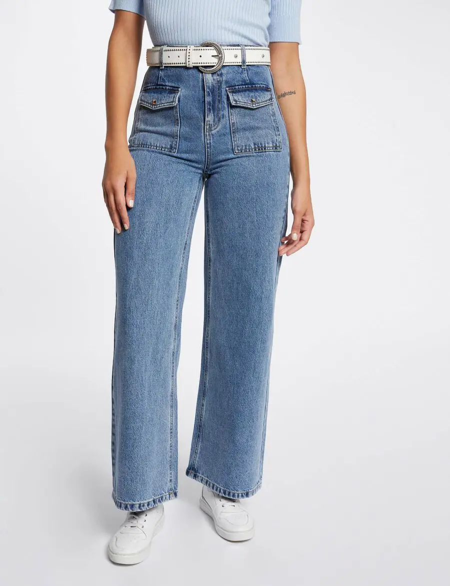 Jeans large taille haute PWIDE Morgan double stone : Adoptez le style tendance et confort