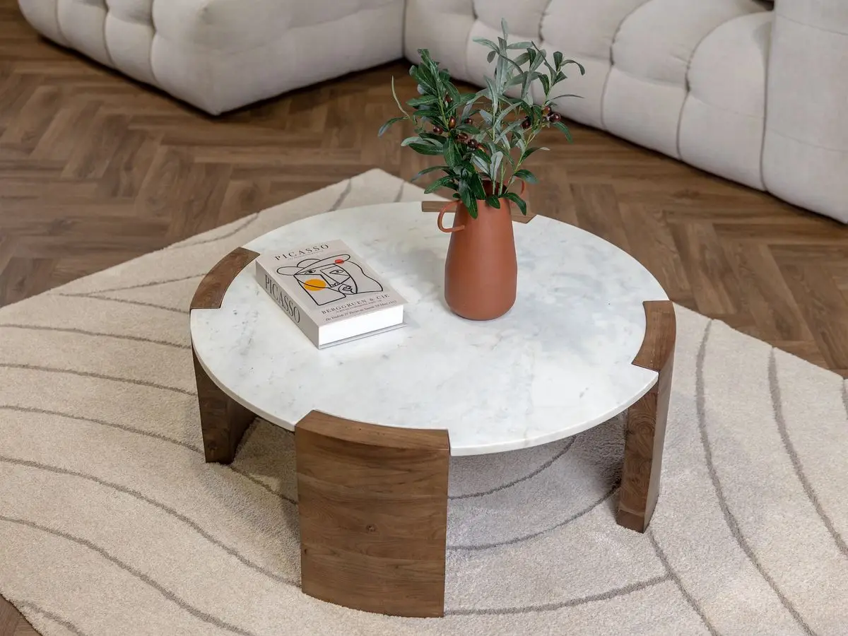 BOBOCHIC Table basse ronde TORVI plateau marbre et pieds bois massif d'acacia 