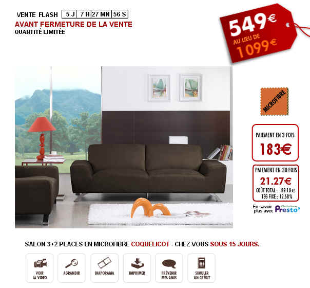 Vente Unique Vente Flash Salon 3+2 places Coquelicot -45% à 549 Eur