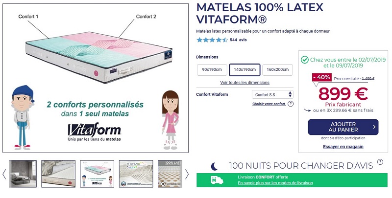 Matelas latex confort sur mesure VITAFORM 140x190 cm pas cher - Matelas Ma Literie