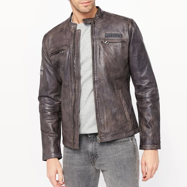 Blouson zippé en cuir noir usé Pepe Jeans - Blouson Homme La Redoute