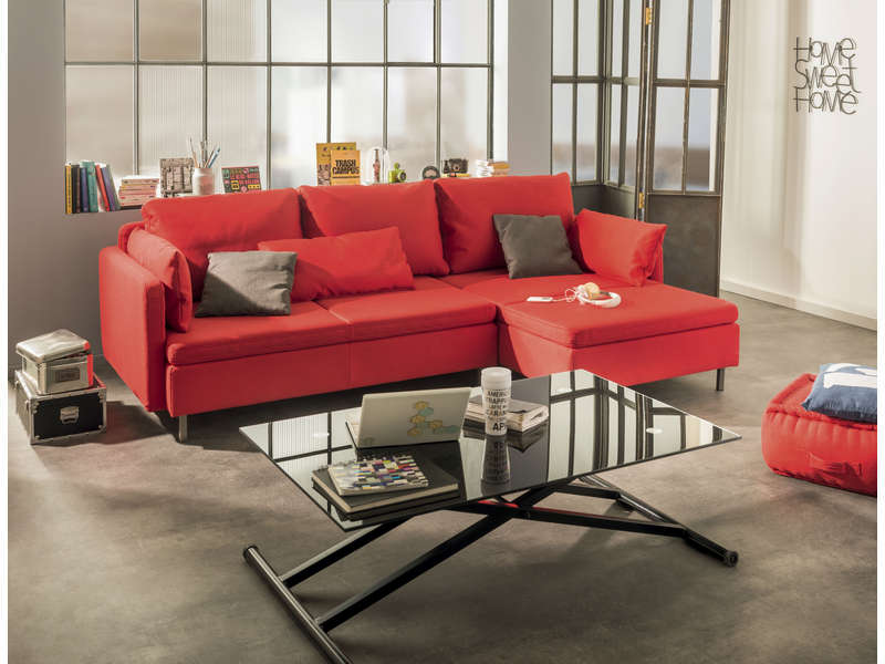 Canapé d'angle fixe droit 4 places RUBIX coloris rouge coussins gris 