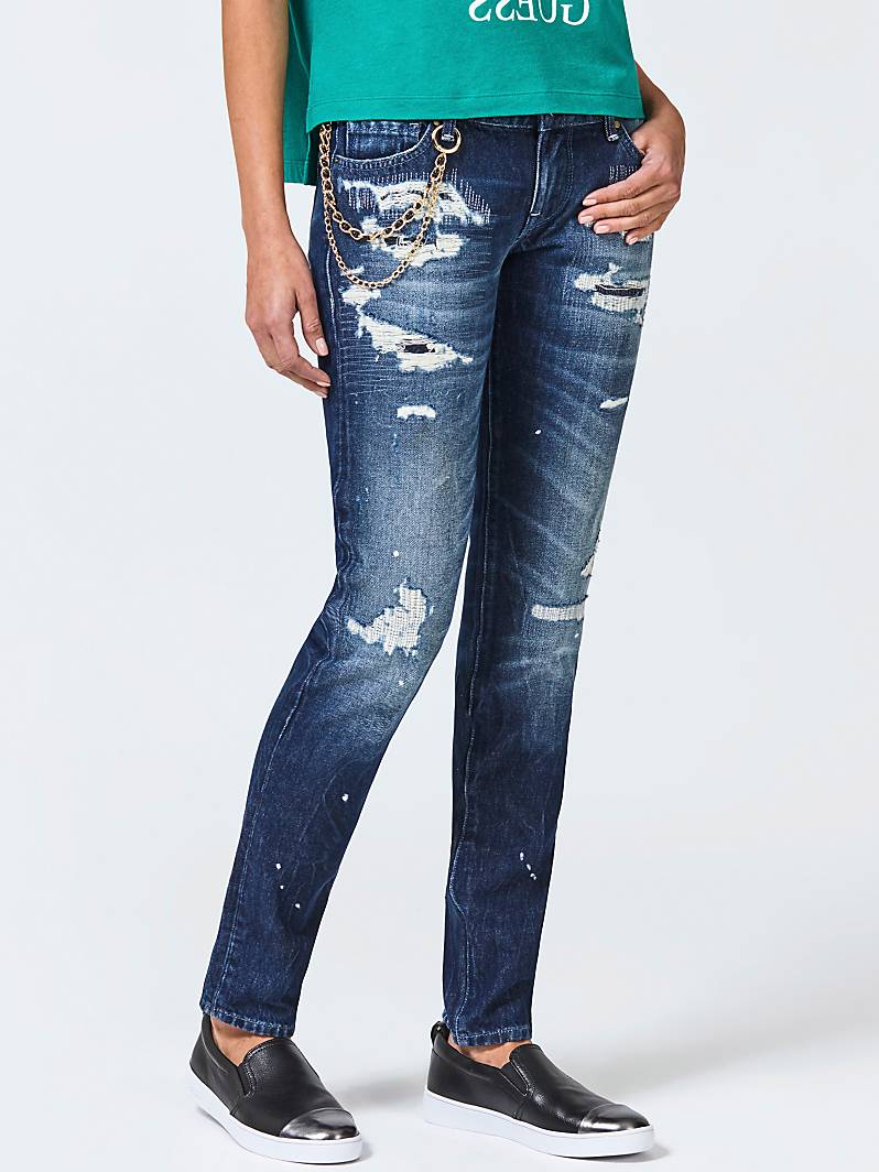 JEANS SLIM DÉCHIRÉ CHAÎNE Bleu Guess