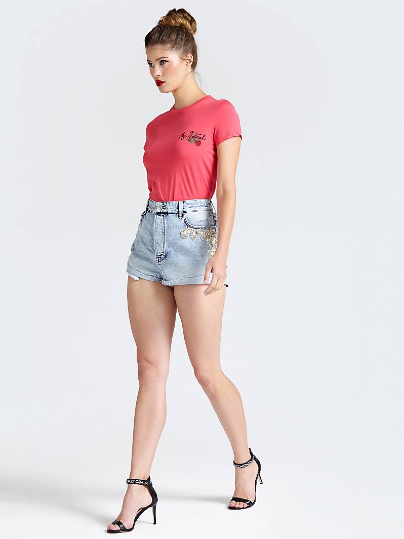 SHORT JEAN BRODERIES Bleu Ciel Guess pas cher - Short Femme Guess