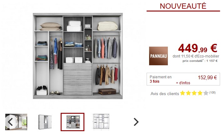 Armoire BODIL gris portes coulissantes pas cher - Armoire Vente Unique