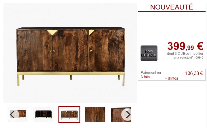 Buffet bas 3 portes ALMARO Bois de manguier et métal doré pas cher - Buffet Vente Unique