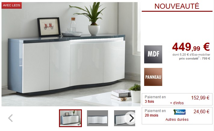 Buffet WINDY LEDs 4 portes MDF Blanc et anthracite - Vente Unique