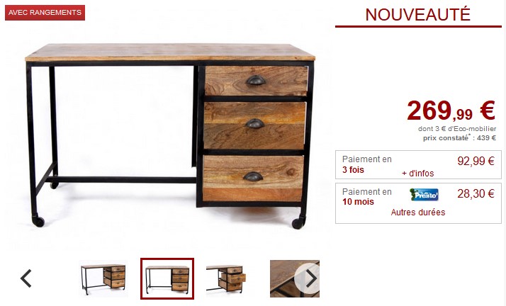 Bureau à roulettes VENANGO 3 tiroirs Bois et Métal noir - Bureau Vente Unique