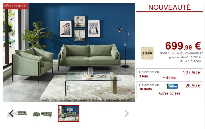 Canapé 3 places et Fauteuil ATARA en tissu vert déhoussable - Canapé Vente Unique