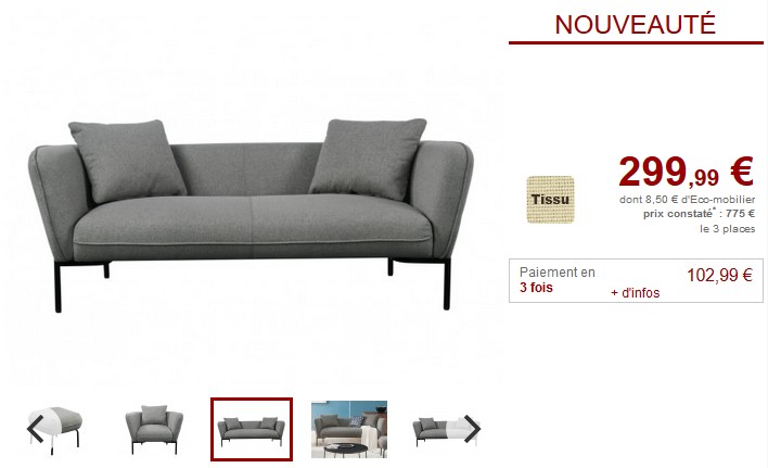 Canapé 3 places TAPOLCA fauteuil et pouf en tissu pas cher - Canapé Vente Unique