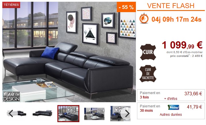 Vente Flash Canapé d'angle en cuir AVENIO Prix 1 099.99 € Vente Unique