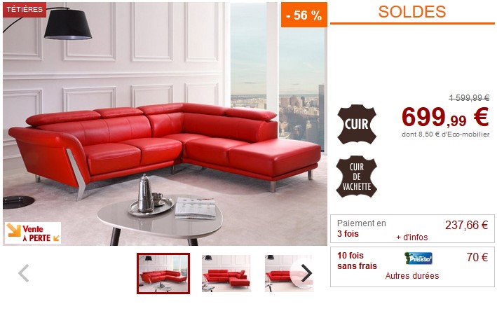 Canapé d'angle droit TALMA en cuir et coloris rouge - Vente Unique