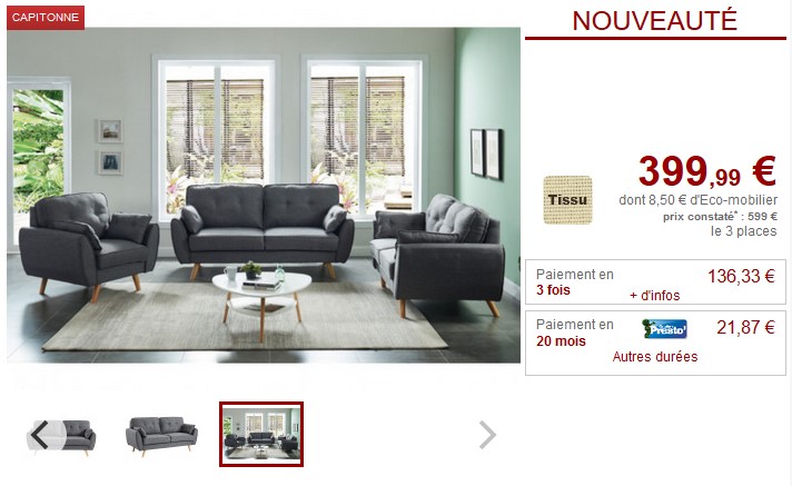 Canapé et fauteuil en tissu gris MELINA avec coussins déco pas cher - Canapé Vente Unique