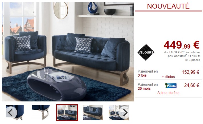 Canapé et fauteuil CLIFORD en velours coloris bleu nuit - Canapé Vente Unique