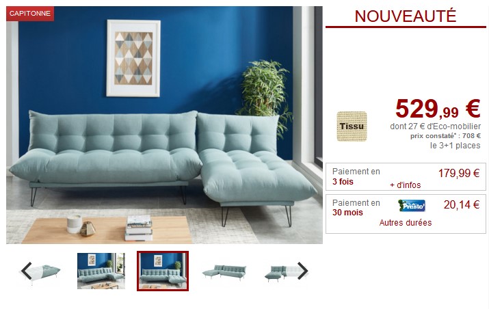 Canapé et méridienne convertibles BERSY en tissu bleu clair pas cher - Canapé Vente Unique