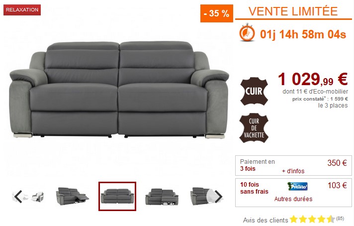 Canapé et fauteuil relax électrique bimatière ARENA II pas cher - Black Friday Canapé Vente Unique