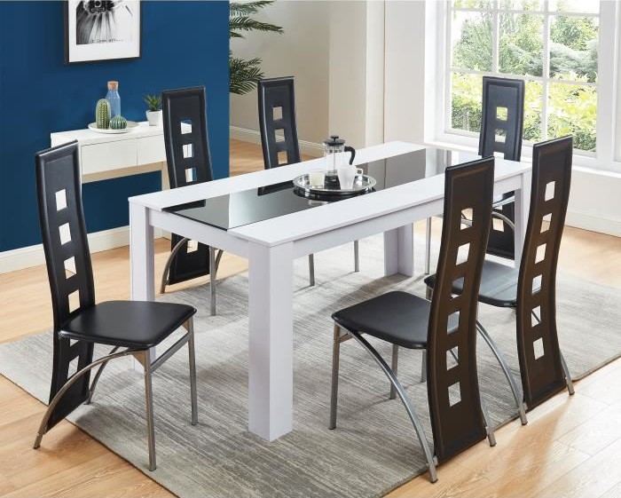 DAMIA Ensemble table à manger 6 à 8 personnes + 6 chaises contemporain blanc et verre trempé noir