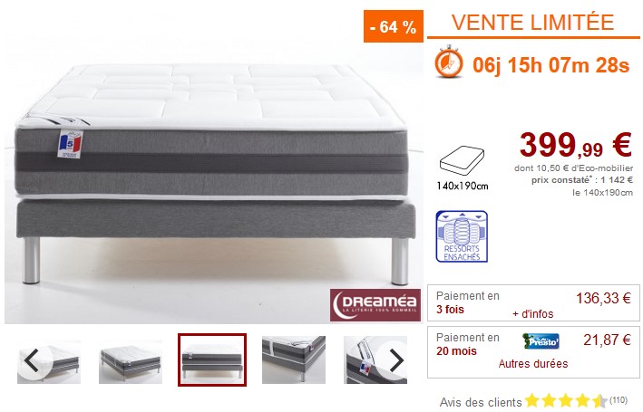 Sommier + matelas ressorts ensachés EMPEREUR de DREAMEA pas cher - Ensemble matelas sommier Vente Unique