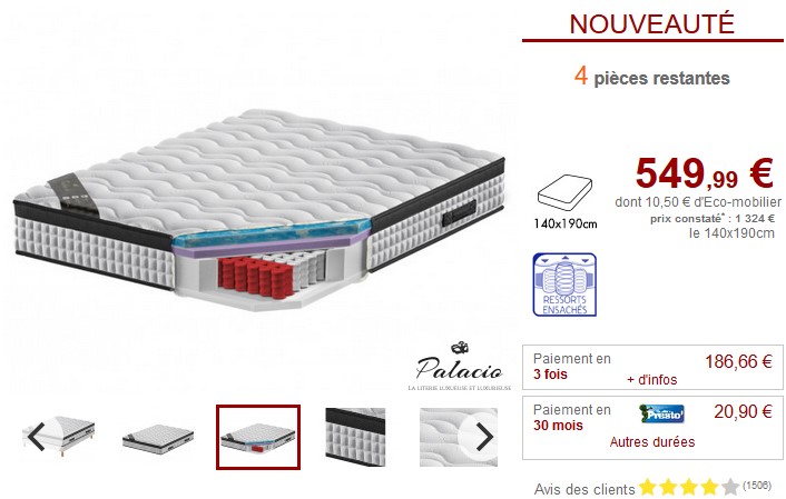 Sommier + matelas ressorts gel VENDÔME Palacio pas cher - Literie Vente Unique