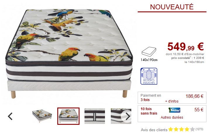 Sommier Matelas ressorts ensachés mémoire BIRD 2 tailles - Ensemble matelas sommier Vente Unique