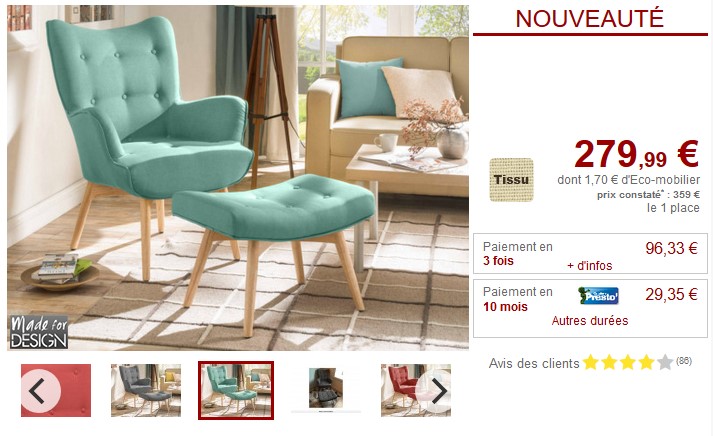 Fauteuil à oreilles et repose-pieds en tissu ESBEN pas cher - Fauteuil Vente Unique