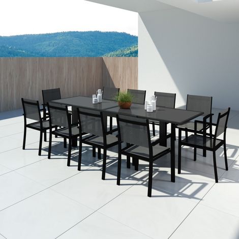 HARA XL Table de jardin extensible aluminium + 10 fauteuils