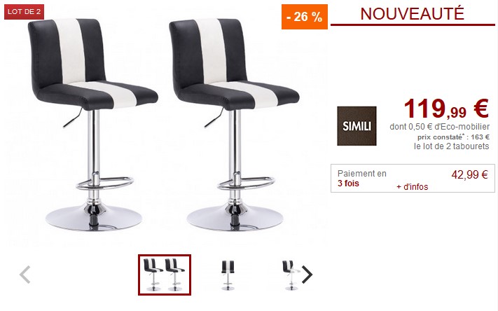 Lot de 2 Tabourets de bar JAMY Simili Noir et Blanc pas cher - Tabouret de Bar Vente Unique