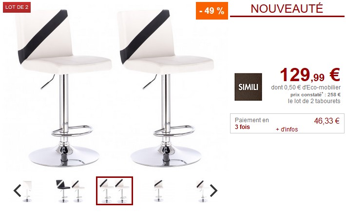 Lot de 2 tabourets de bar SUZIE Simili Noir ou blanc