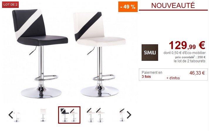 Lot de 2 tabourets de bar SUZIE Simili Noir ou blanc pas cher - Tabouret de Bar Vente Unique