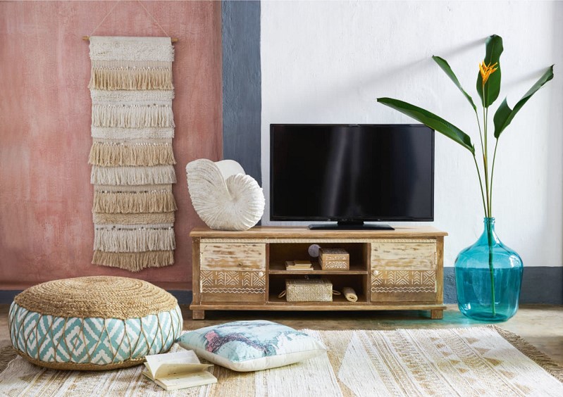 Meuble TV 2 portes Caraiba en manguier massif motifs blancs