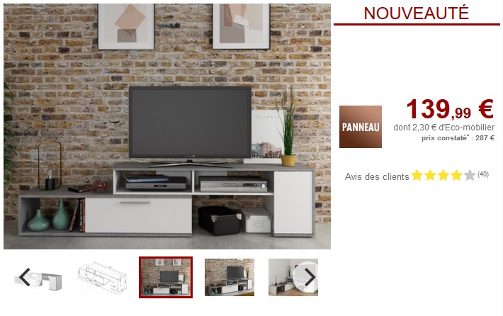 Meuble TV extensible DARYL 2 portes Blanc & béton - Vente Unique