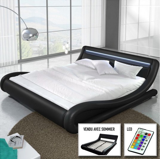 Meubler Design Lit led Julia Noir 160cm avec Matelas Romance 160cm x 200cm - Lit Rue du Commerce