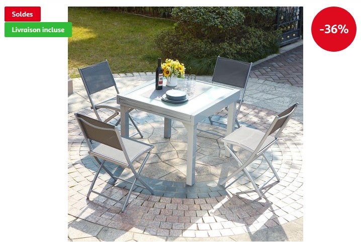 CONCEPT USINE Molvina 4 Table de jardin extensible en aluminium 8 personnes + 4 chaises - Auchan
