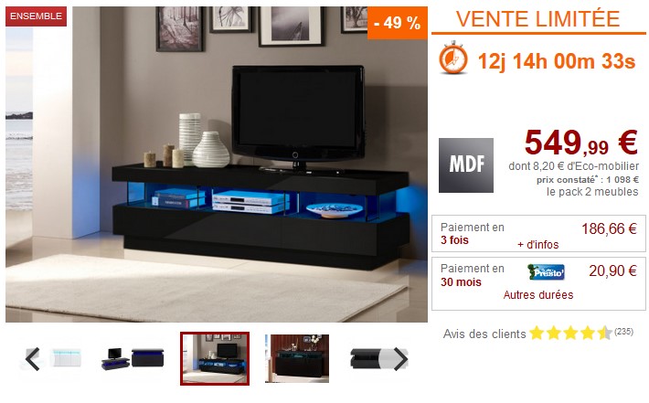 Pack FABIO Buffet + Meuble TV avec LEDs Blanc ou Noir pas cher - Meubles Vente Unique