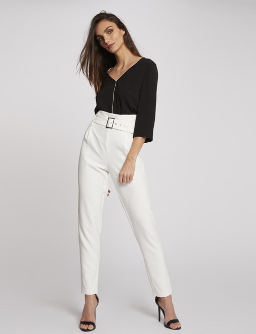 Pantalon 7/8 taille haute à ceinture Ecru Morgan - Pantalon Morgan