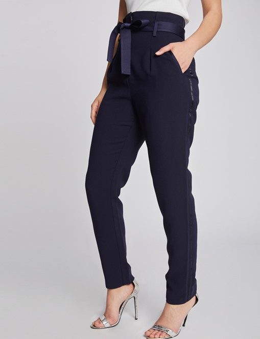 Pantalon taille haute à détails satinés Marine Morgan - Pantalon Morgan