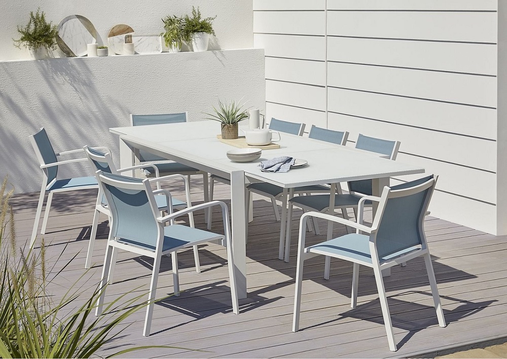 Table de jardin aluminium et verre rectangulaire Blooma Bacopia blanche 200/300 x 100 cm