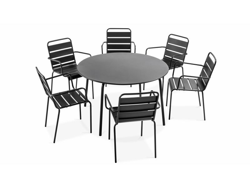 Table de jardin ronde Palavas et 6 fauteuils en acier Gris