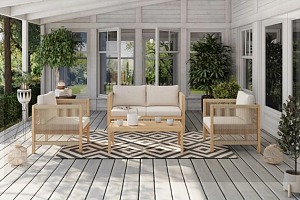 Salon de jardin LAFITENIA 4 places en bois d'acacia fsc et corde coussins beige